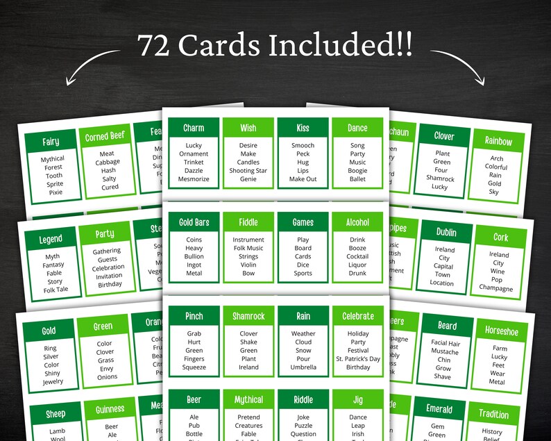May include: A collection of 72 cards with green and white text, featuring various themed words. The cards are arranged on a dark surface, with categories like "Fairy," "Corned Beef," and "Shamrock." The text "72 Cards Included!!" is at the top.