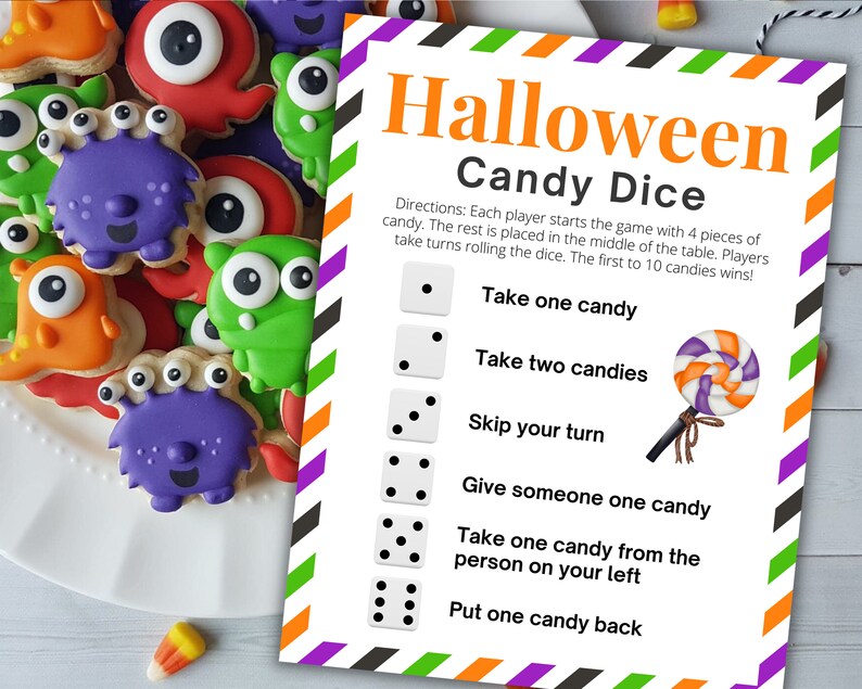 May include: A printable Halloween game card with instructions for a candy dice game. The card has a striped background with green, purple, and black stripes. The card has a title that says "Halloween Candy Dice". The card has instructions for the game, which include taking one candy, taking two candies, skipping your turn, giving someone one candy, taking one candy from the person on your left, and putting one candy back. The card also has a picture of a lollipop.