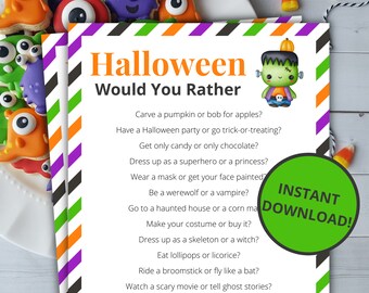 Halloween Skulle du hellre vilja | Utskrivbart Halloween-spel | Halloween-aktivitet för barn och vuxna | Halloweenfestspel | Klassrumsspel