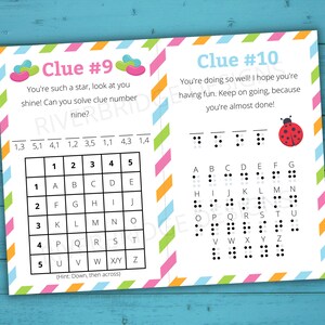 May include: Two printable clue cards for a scavenger hunt. The first card has a grid with numbers and letters, and the second card has a grid with braille letters. The text on the first card says "Clue #9 You're such a star, look at you shine! Can you solve clue number nine?" The text on the second card says "Clue #10 You're doing so well! I hope you're having fun. Keep on going, because you're almost done!"