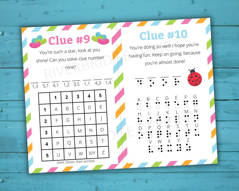 May include: Two printable clue cards for a scavenger hunt. The first card has a grid with numbers and letters, and the second card has a grid with braille letters. The text on the first card says "Clue #9 You're such a star, look at you shine! Can you solve clue number nine?" The text on the second card says "Clue #10 You're doing so well! I hope you're having fun. Keep on going, because you're almost done!"