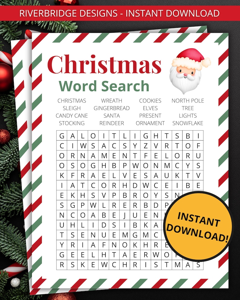Puede incluir: Una hoja de juego de sopa de letras navide&ntilde;a con un borde de rayas diagonales rojas y verdes. El t&iacute;tulo dice Christmas Word Search, con una ilustraci&oacute;n de Santa Claus, una lista de palabras, una cuadr&iacute;cula de letras y una insignia naranja Instant Download.
