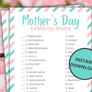 Mother&#39;s Day Celebrity Moms | Printable Mother&#39;s Day Games For Kids and Adults | Party Games and Activities | Family Games | Classroom Games