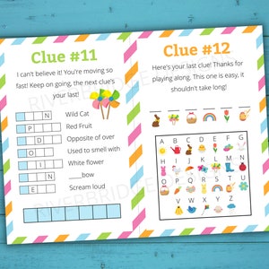 May include: A printable Easter egg hunt game with two clues. Clue #11 is a word search puzzle with the words "Wild Cat", "Red Fruit", "Opposite of over", "Used to smell with", "White flower", "bow", and "Scream loud". Clue #12 is a letter grid with pictures of Easter-themed items. The text says "Here's your last clue! Thanks for playing along. This one is easy, it shouldn't take long!"