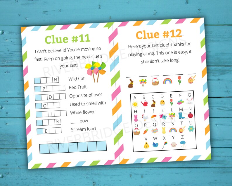 May include: A printable Easter egg hunt game with two clues. Clue #11 is a word search puzzle with the words "Wild Cat", "Red Fruit", "Opposite of over", "Used to smell with", "White flower", "bow", and "Scream loud". Clue #12 is a letter grid with pictures of Easter-themed items. The text says "Here's your last clue! Thanks for playing along. This one is easy, it shouldn't take long!"