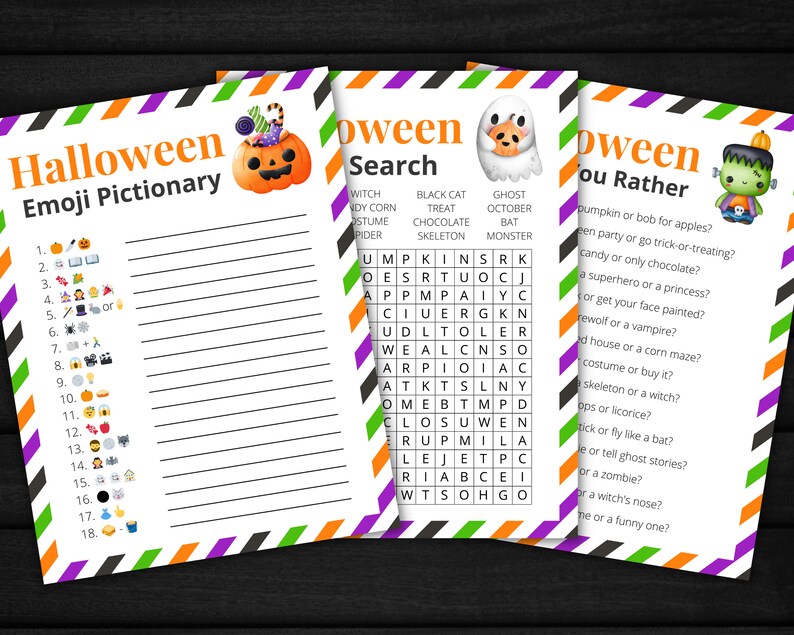 Puede incluir: Un juego de fiesta de Halloween imprimible en tres p&aacute;ginas. La primera p&aacute;gina es un juego de Pictionary de Halloween con 18 emojis para adivinar. La segunda p&aacute;gina es un juego de b&uacute;squeda de palabras de Halloween con las palabras bruja, ma&iacute;z dulce, disfraz, ara&ntilde;a, gato negro, golosina, chocolate, fantasma, octubre, murci&eacute;lago, esqueleto y monstruo. La tercera p&aacute;gina es un juego de &laquo;&iquest;Qu&eacute; prefieres?&nbsp;&raquo; de Halloween con preguntas como &laquo;&iquest;Calabaza o pescar manzanas?&nbsp;&raquo; y &laquo;&iquest;Dulces o solo chocolate?&nbsp;&raquo;