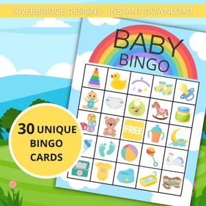 Bingo pour baby shower | Jeux de baby shower | Activités imprimables | Téléchargement instantané | Jeu de bingo pour bébé | 30 cartes de bingo avec images | Arc-en-ciel