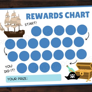 May include: A printable pirate-themed rewards chart featuring a blue ship, blue circles, and a treasure chest. The chart reads "Rewards Chart" and "Start!" and has a section for "Your Prize".