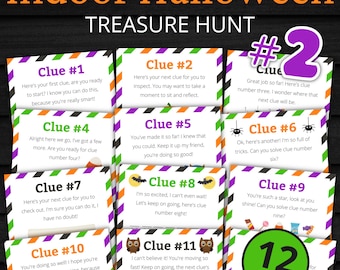 May include: A printable Indoor Halloween Treasure Hunt game set featuring 12 clue cards with purple, orange, green, and black striped borders. The cards include text, numbered clues from 1 to 11, and small graphic icons like owls, bats, and sweets.
