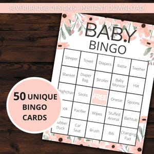 Baby Shower Bingo | Baby Shower Games | Printable Activities | Instant Download | Baby Bingo Game | 50 Baby Shower Bingo Cards | Pink Floral