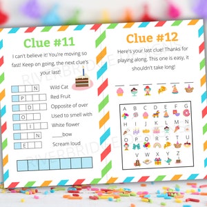 May include: A printable birthday party game with two clues. Clue #11 is a word search puzzle with the answer "Birthday". Clue #12 is a picture matching game with the answer "Party".