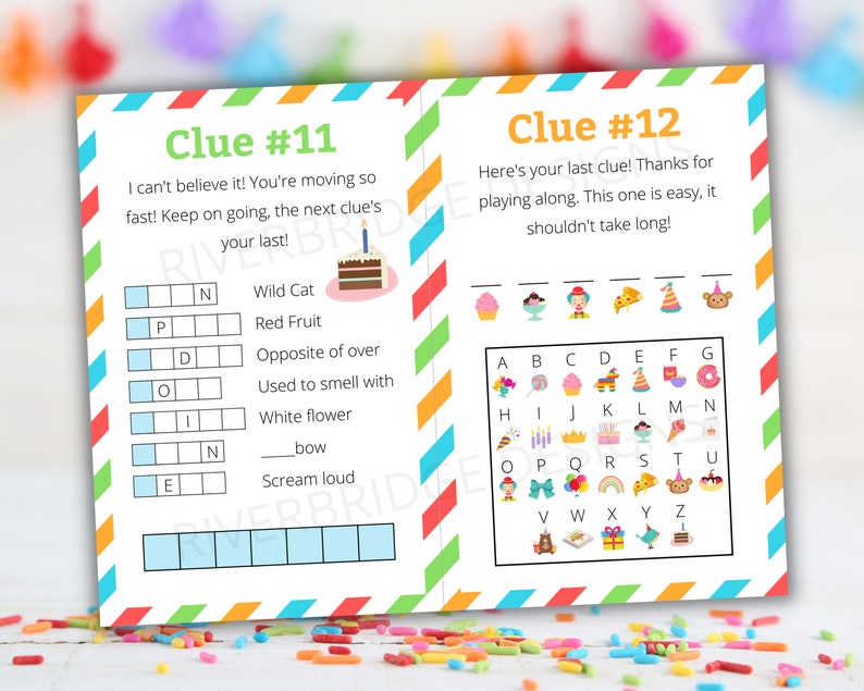 May include: A printable birthday party game with two clues. Clue #11 is a word search puzzle with the answer "Birthday". Clue #12 is a picture matching game with the answer "Party".