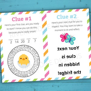 May include: Two colorful cards with instructions for a scavenger hunt. The first card has a chick hatching from an egg and a code wheel with numbers and letters. The second card has butterflies and the text "Your next clue is hidden! The fridge."