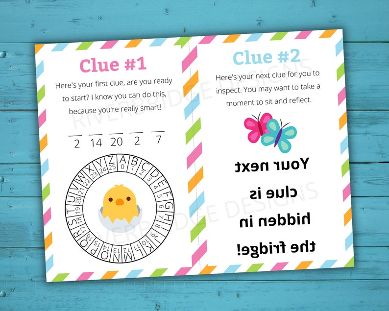 May include: Two colorful cards with instructions for a scavenger hunt. The first card has a chick hatching from an egg and a code wheel with numbers and letters. The second card has butterflies and the text "Your next clue is hidden! The fridge."