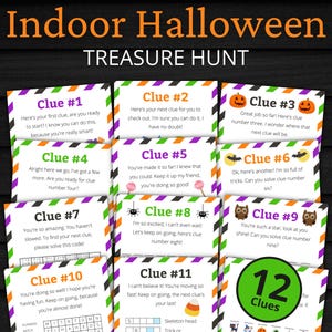 May include: A printable indoor Halloween treasure hunt set featuring 12 clue cards with orange, purple, green, and black striped borders. Each card includes text, Halloween-themed graphics like pumpkins, owls, and spiders, and interactive puzzles.