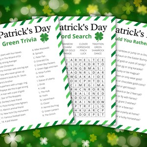 May include: A printable St. Patrick's Day game set with three different games: Green Trivia, Word Search, and Would You Rather. The games feature a green shamrock design and are perfect for a St. Patrick's Day party.