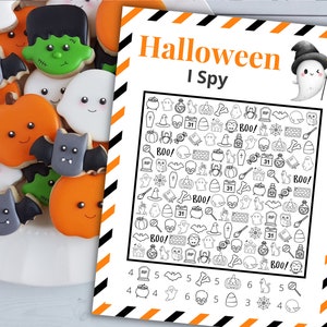 May include: A printable Halloween I Spy game with a black and white grid of 100 Halloween themed images. The images include ghosts, pumpkins, bats, skulls, candy corn, witches hats, and more. The game includes a list of items to find and their quantities.