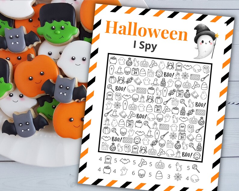 May include: A printable Halloween I Spy game with a black and white grid of 100 Halloween themed images. The images include ghosts, pumpkins, bats, skulls, candy corn, witches hats, and more. The game includes a list of items to find and their quantities.