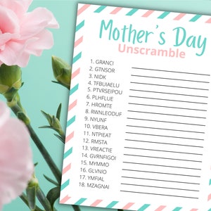 May include: A printable Mother's Day unscramble game with pink and blue stripes. The game includes 18 words to unscramble.