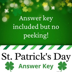 May include: A green and white striped card with the text "St. Patrick's Day Answer Key" and a shamrock on each side. The background is a green gradient with white and green shamrocks.
