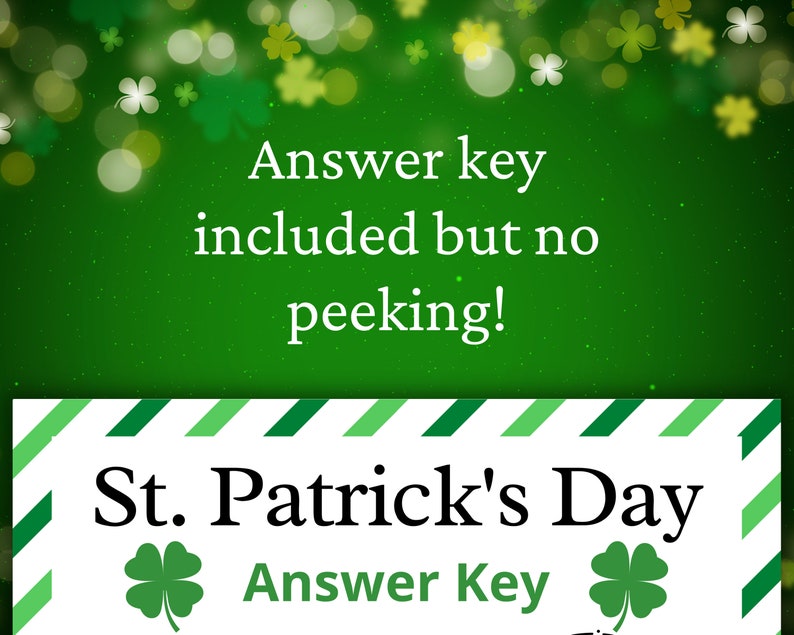May include: A green and white striped card with the text "St. Patrick's Day Answer Key" and a shamrock on each side. The background is a green gradient with white and green shamrocks.
