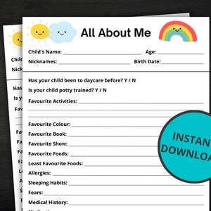 Daycare All About Me Form | Daycare Questionnaire | Get To Know Me  | Preschool Questionnaire | Child Information Form | Daycare Entry Form