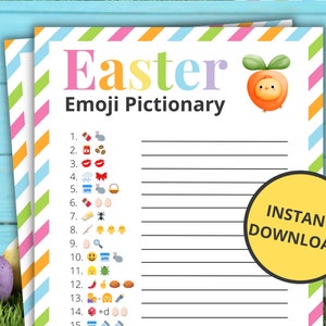 May include: A printable Easter Emoji Pictionary game with a yellow chick illustration. The game features 15 lines with numbers and emojis. The text "INSTANT DOWNLOAD!" is in a yellow circle.