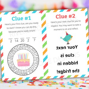 May include: Two colorful cards with instructions for a birthday scavenger hunt. The first card has a birthday cake with candles and a code wheel. The second card has a blue bird with a party hat and the text "Your next clue is hidden in the birthday cake!"