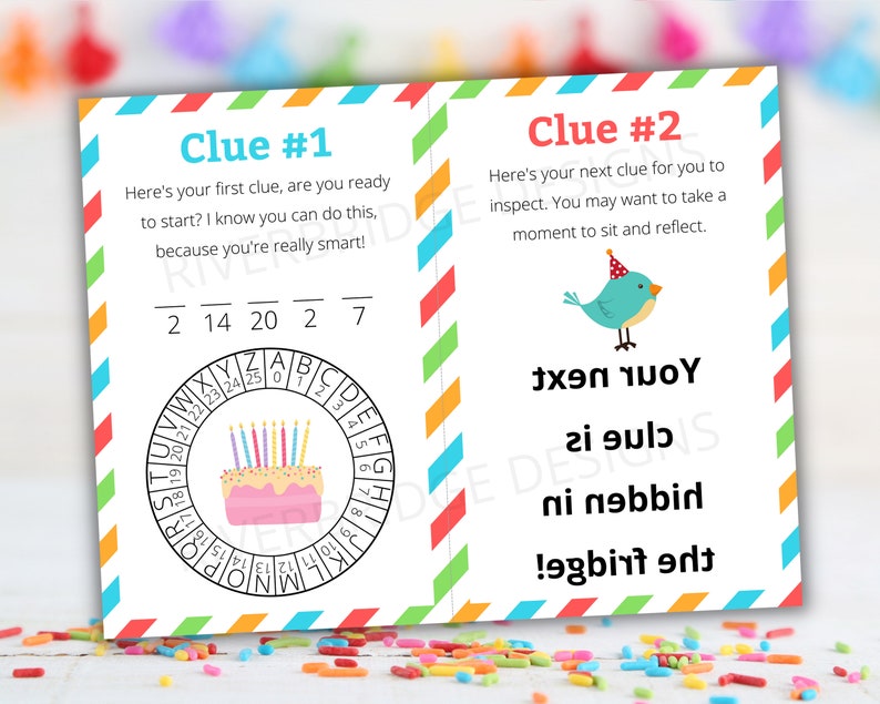 May include: Two colorful cards with instructions for a birthday scavenger hunt. The first card has a birthday cake with candles and a code wheel. The second card has a blue bird with a party hat and the text "Your next clue is hidden in the birthday cake!"