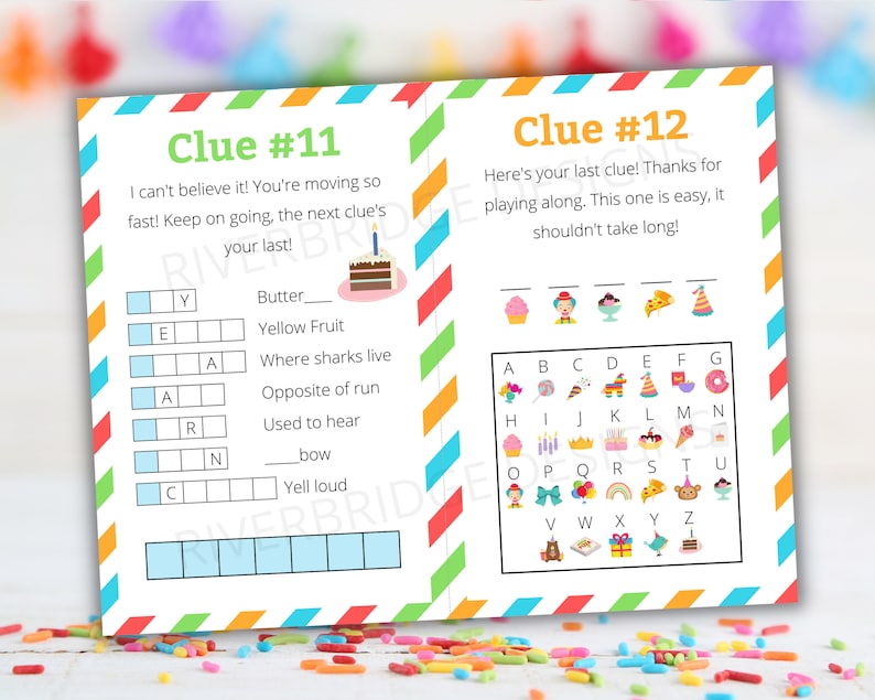 May include: Two printable scavenger hunt clue cards for a birthday party. The first card has a word search puzzle with the word "birthday" and the second card has a letter grid with a picture of a clown, cupcake, ice cream cone, pizza slice, and a party hat.
