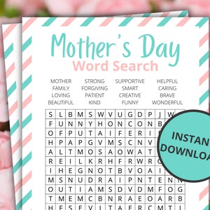 Peut inclure: Un puzzle de mots crois&eacute;s imprimable pour la f&ecirc;te des m&egrave;res avec un th&egrave;me rose et turquoise. Les mots &agrave; trouver sont : M&egrave;re, Famille, Aimant, Beau, Fort, Pardonnant, Patient, Gentil, Soutenu, Intelligent, Cr&eacute;atif, Dr&ocirc;le, Serviable, Attentionn&eacute;, Courageux et Merveilleux.