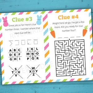 May include: A printable Easter egg hunt game with two pages. The first page has a word puzzle and the second page has a maze. The text on the first page says "Clue #3" and "Great job so far! Here's clue number three. I wonder where that next clue will be." The text on the second page says "Clue #4" and "Alright here we go, I've got a few more. Are you ready for clue number four?"