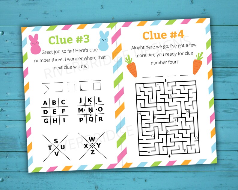 May include: A printable Easter egg hunt game with two pages. The first page has a word puzzle and the second page has a maze. The text on the first page says "Clue #3" and "Great job so far! Here's clue number three. I wonder where that next clue will be." The text on the second page says "Clue #4" and "Alright here we go, I've got a few more. Are you ready for clue number four?"