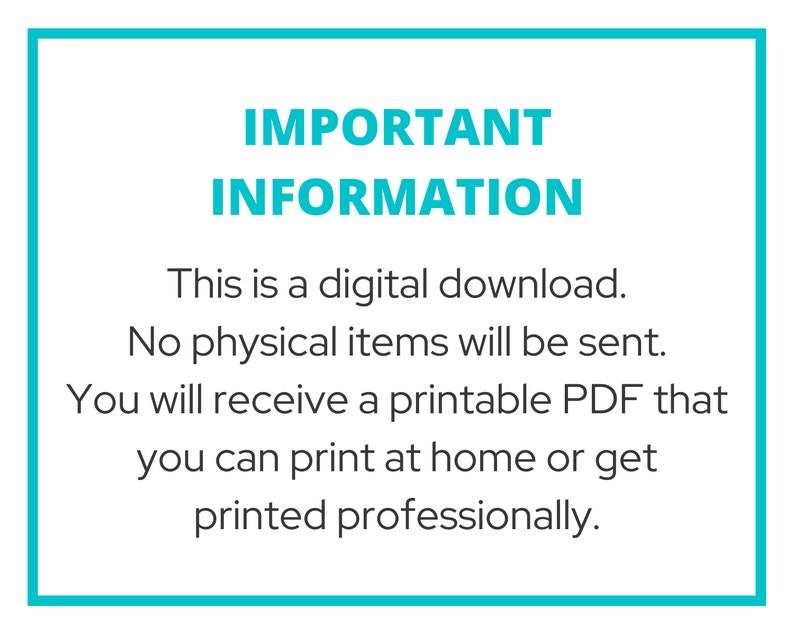 Puede incluir: Una caja azul turquesa con texto blanco que dice "INFORMACI&Oacute;N IMPORTANTE" y explica que esta es una descarga digital y que no se enviar&aacute;n art&iacute;culos f&iacute;sicos. El texto tambi&eacute;n indica que se proporcionar&aacute; un PDF imprimible que se puede imprimir en casa o profesionalmente.