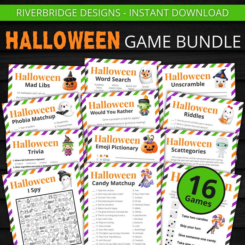 Puede incluir: Un conjunto de 16 tarjetas de juego de Halloween imprimibles con varios temas como Mad Libs, Would You Rather y Emoji Pictionary. Las tarjetas est&aacute;n decoradas con personajes de Halloween lindos y un dise&ntilde;o de calabaza.