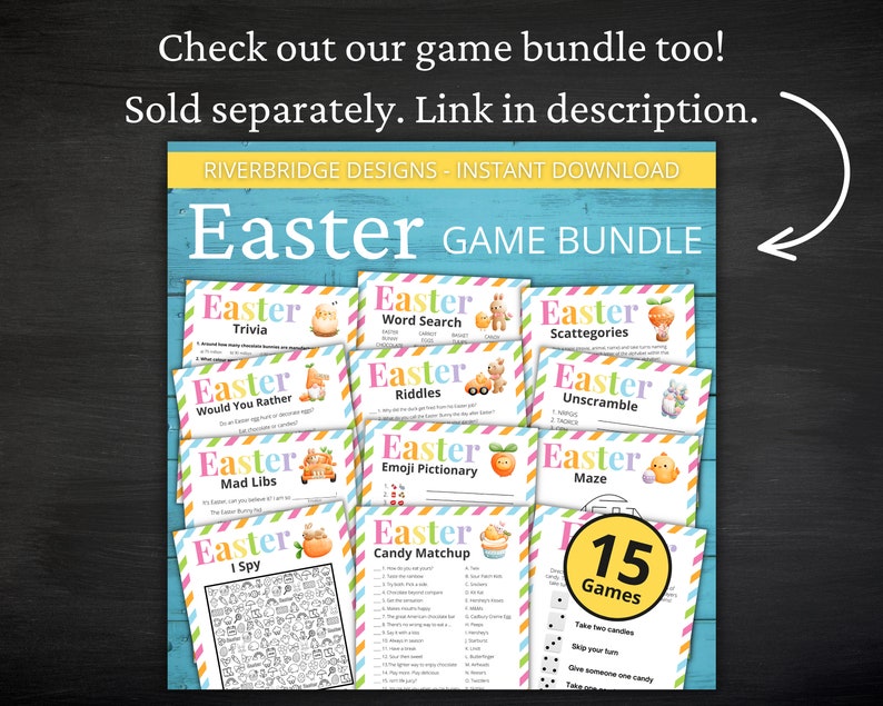 May include: A printable Easter game bundle with 15 different games, including trivia, word search, would you rather, mad libs, I spy, riddles, unscramble, emoji pictionary, candy matchup, and maze. The games are designed with a colorful Easter theme and feature illustrations of bunnies, eggs, and other Easter symbols.