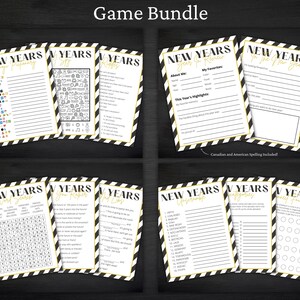 May include: A New Year's game bundle featuring multiple printable activity sheets with black and white diagonal striped borders. The collection includes word searches, trivia, unscramble games, and fill-in-the-blank questionnaires with gold text accents.