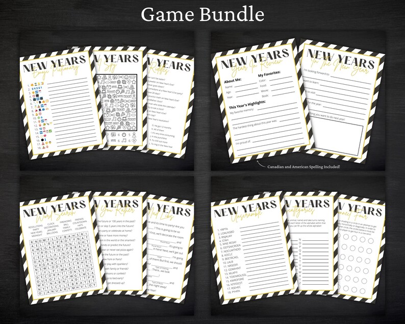 May include: A New Year's game bundle featuring multiple printable activity sheets with black and white diagonal striped borders. The collection includes word searches, trivia, unscramble games, and fill-in-the-blank questionnaires with gold text accents.