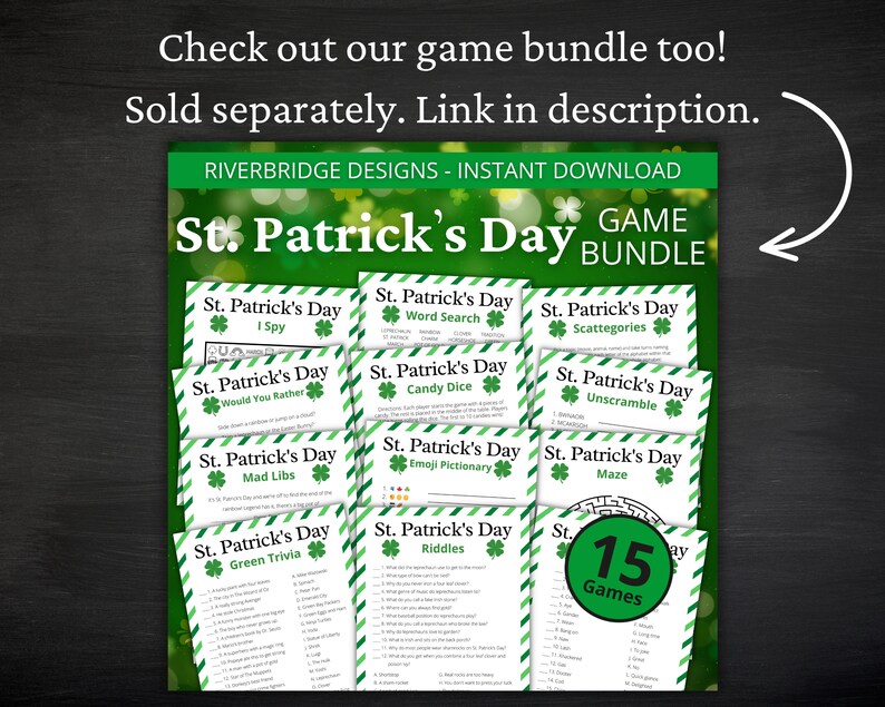 May include: A printable St. Patrick's Day game bundle with 15 different games, including I Spy, Word Search, Would You Rather, Mad Libs, Green Trivia, Candy Dice, Scattergories, Unscramble, Emoji Pictionary, Riddles, and Maze. The games are designed with a green shamrock theme and are perfect for a St. Patrick's Day party or celebration.