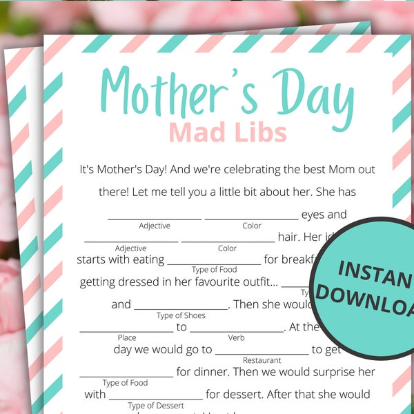 Mother's Day Mad Libs | Printable Mother's Day Games For Kids and Adults | Party Games and Activities | Family Games | Classroom Games