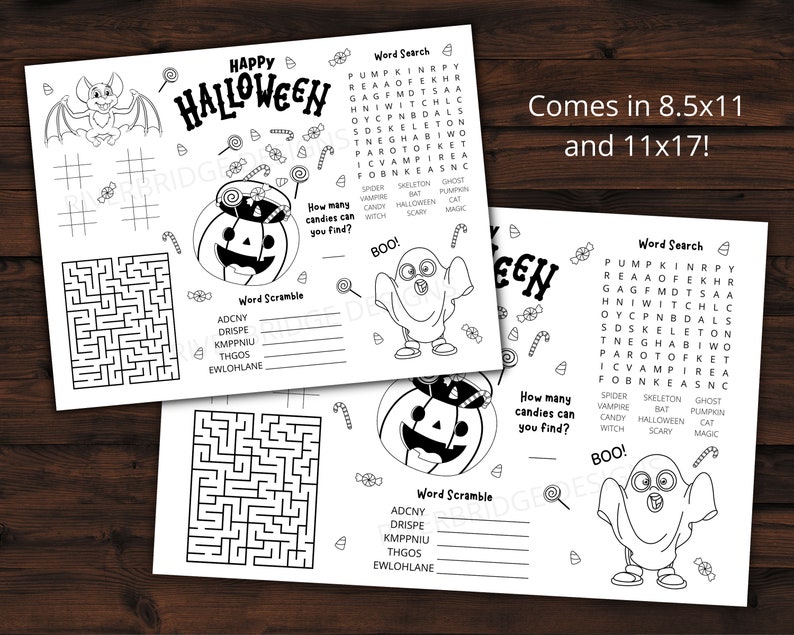 May include: Black and white printable Halloween activity sheet with a word search, word scramble, and maze. The sheet features a pumpkin, a ghost, and candy. The text on the sheet reads "Happy Halloween".