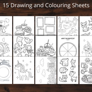 May include: A set of 15 black and white coloring pages featuring various themes, including a pirate, a dragon, a unicorn, a fairy, a pizza, a cake, a plate, and more.  "What's on your plate?" and "What's on your pizza?" are written on two of the pages.