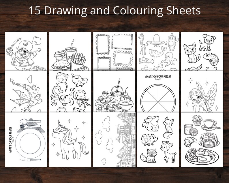 May include: A set of 15 black and white coloring pages featuring various themes, including a pirate, a dragon, a unicorn, a fairy, a pizza, a cake, a plate, and more.  "What's on your plate?" and "What's on your pizza?" are written on two of the pages.
