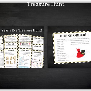 May include: A New Year's Eve Treasure Hunt game set featuring twelve clue cards with black and white striped borders. The set includes a Hiding Order instruction sheet with a red dress and black top hat graphic, plus various puzzles and text.