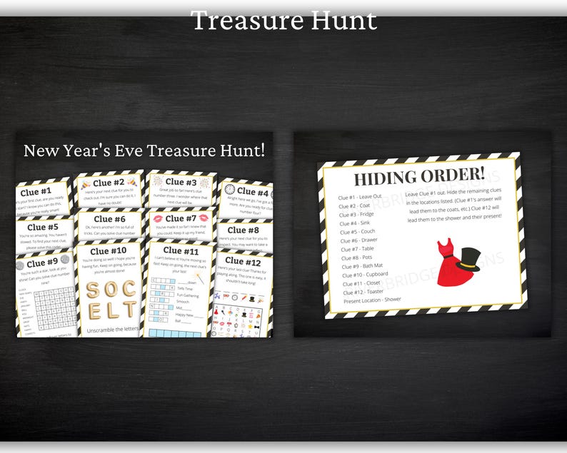 May include: A New Year's Eve Treasure Hunt game set featuring twelve clue cards with black and white striped borders. The set includes a Hiding Order instruction sheet with a red dress and black top hat graphic, plus various puzzles and text.
