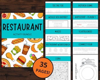 May include: A printable activity bundle for kids featuring restaurant-themed games and activities. The cover features a colorful illustration of various restaurant foods, including pizza, hot dogs, french fries, ice cream, and burgers. The title "RESTAURANT ACTIVITY BUNDLE" is displayed in bold, blue letters. The bundle includes 35 pages of activities, including tic-tac-toe, dot box game, battleship, would you rather, mazes, word search, I spy, connect four, and scattegories.
