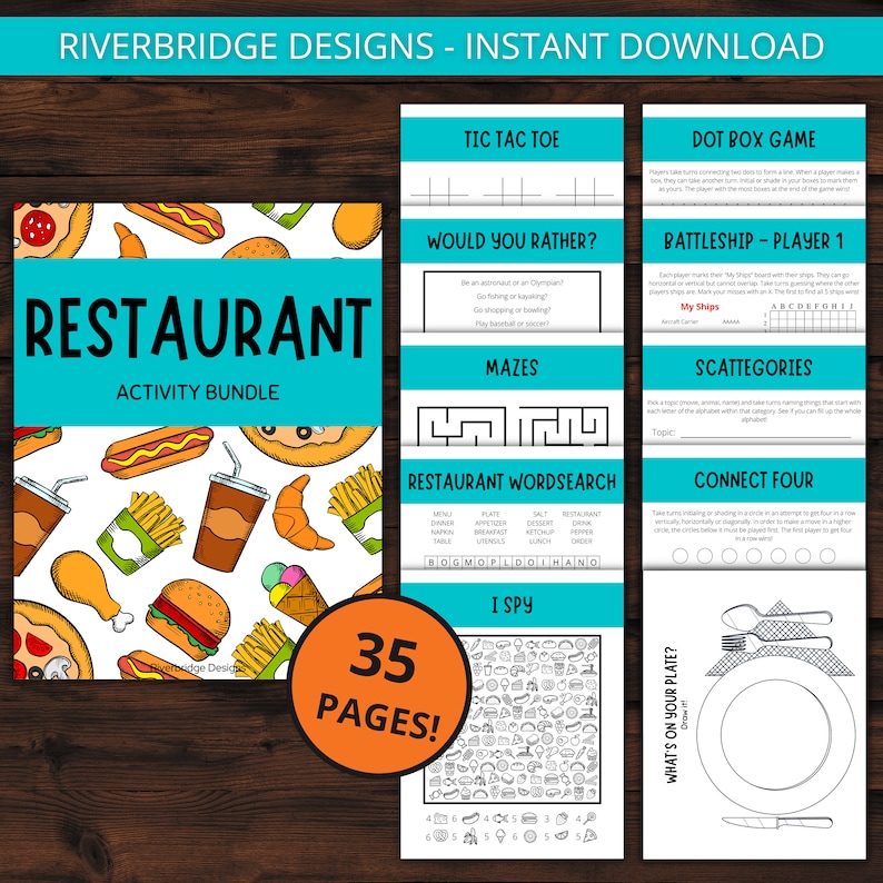 May include: A printable activity bundle for kids featuring restaurant-themed games and activities. The cover features a colorful illustration of various restaurant foods, including pizza, hot dogs, french fries, ice cream, and burgers. The title "RESTAURANT ACTIVITY BUNDLE" is displayed in bold, blue letters. The bundle includes 35 pages of activities, including tic-tac-toe, dot box game, battleship, would you rather, mazes, word search, I spy, connect four, and scattegories.