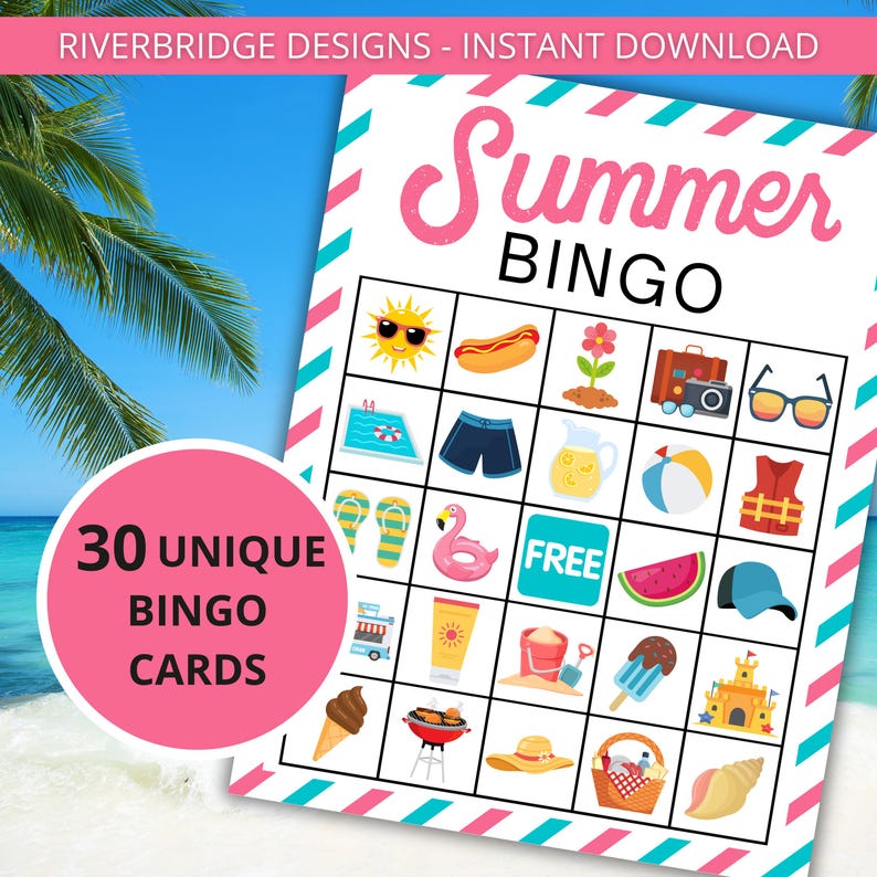 K&ouml;nnte beinhalten: Eine rosa-blaue Sommer-Bingo-Karte mit 30 einzigartigen Karten. Die Karte zeigt Bilder von sommerlichen Aktivit&auml;ten wie einem Hotdog, einer Sonnenbrille, einem Strandball, einer Wassermelone und einer Sandburg.