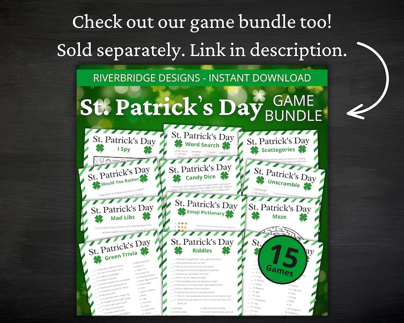 May include: A St. Patrick's Day game bundle featuring 15 games, including I Spy, Word Search, and Riddles. The design includes green and white accents with shamrock graphics. The text "St. Patrick's Day Game Bundle" is prominently displayed.