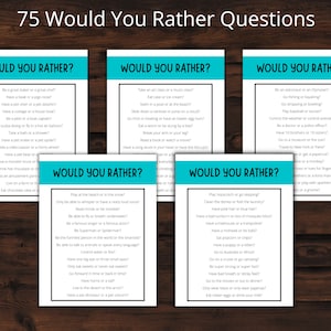 May include: A set of 75 "Would You Rather?" game cards with a teal blue background and white text. The cards feature a variety of silly and thought-provoking questions to spark conversation and fun.